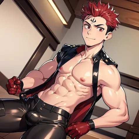 (masterpiece, best quality: 1.2), Solo, nsfw, male focus, 1boy, sukuna, tattoo_On_his_face, male, full bodyesbian, Red Leather jacket, Black Leather shirt, Leather pants, red Leather waistcoat, red Leather tie, Leather Gloves, Bulging muscles, A pink-haire...