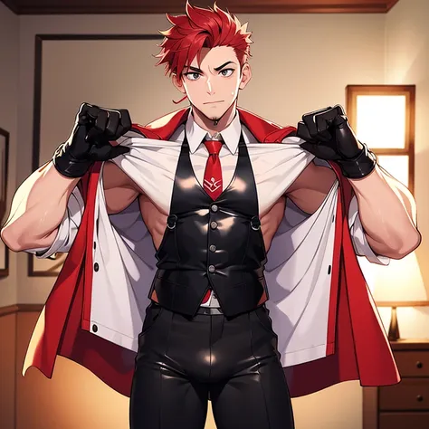 (masterpiece, best quality: 1.2), Solo, nsfw, male focus, 1boy, sukuna, tattoo_On_his_face, male, full bodyesbian, Red Leather jacket, Black Leather shirt, Leather pants, red Leather waistcoat, red Leather tie, Leather Gloves, Bulging muscles, A pink-haire...