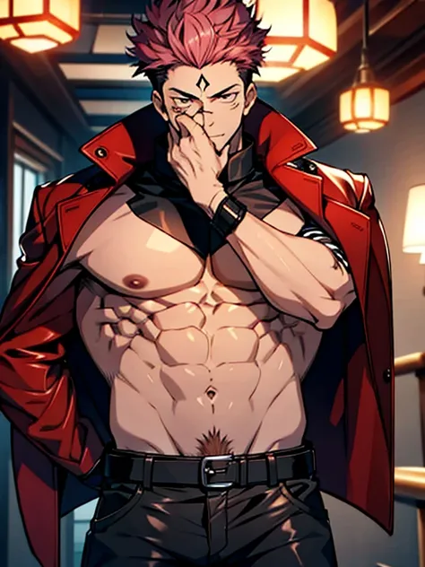 (masterpiece, best quality: 1.2), Solo, nsfw, male focus, 1boy, sukuna, tattoo_On_his_face, male, full bodyesbian, Red Leather jacket, Black Leather shirt, Leather pants, red Leather waistcoat, red Leather tie, Leather Gloves, Bulging muscles, A pink-haire...