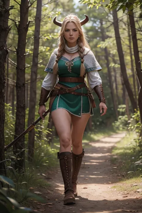 mujer guerrera vikinga caminando solitaria en medio del bosque, con un diminuto traje que apenas le cubre el cuerpo, tiene ojos verdes y una larga cabellera, tiene un rostro hermoso y unas piernas largas, con botas de cuero, Ultra realistic photo style, ci...