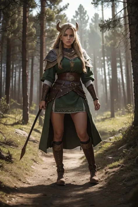 mujer guerrera vikinga caminando solitaria en medio del bosque, con un diminuto traje que apenas le cubre el cuerpo, tiene ojos verdes y una larga cabellera, tiene un rostro hermoso y unas piernas largas, con botas de cuero, Ultra realistic photo style, ci...