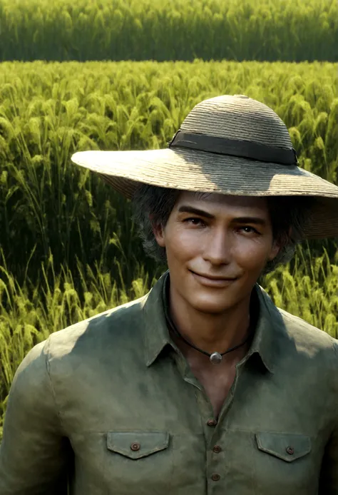 caricature of a male farmer, handsome and friendly, green rice fields background, wearing a farmers hat that"Klinik Tani Ternak", smiling while showing plants, 3d, realistic, 4K