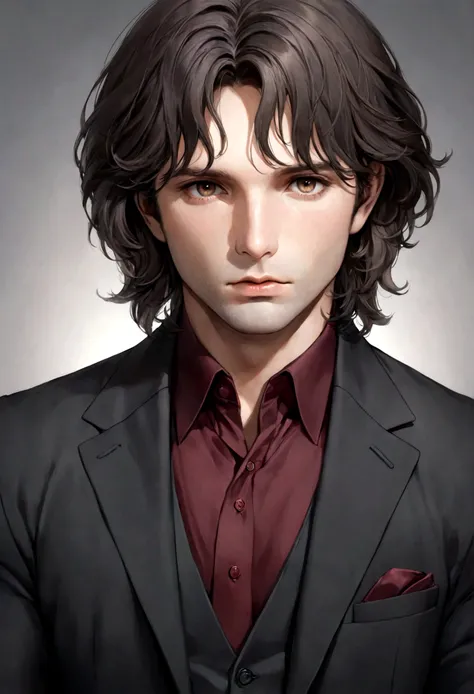 (traje de etiqueta para hombre), ), (con poca barba,) (ojos color cafe claro), Aspecto atractivo y serio, cabello oscuro, Elegante y con estilo, Camiseta de cuerpo fuerte afeitada, Un hombre similar al actor Jim Morrison, (Imagen realista y de alta calidad...