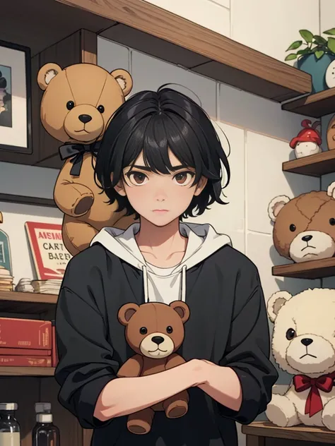  man 12 years old with short black hair melancholic red eyes wearing gray clothing carrying a brown teddy bear