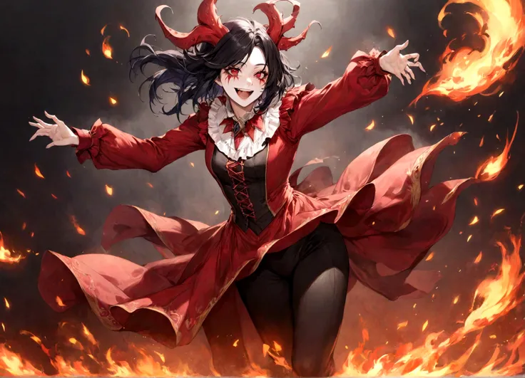 Jester, Red, Black, Rakdos, High Quality, Laughing, Female, Black Sclera, Red Iris, Fire, Magic the Gathering, Androgynous, Adult, Psychopath, Circus, Dancing, Solo, Theatre, Performer, Look Away, Black long Hair, Hair Falling over Face, 30 years old, Milf...