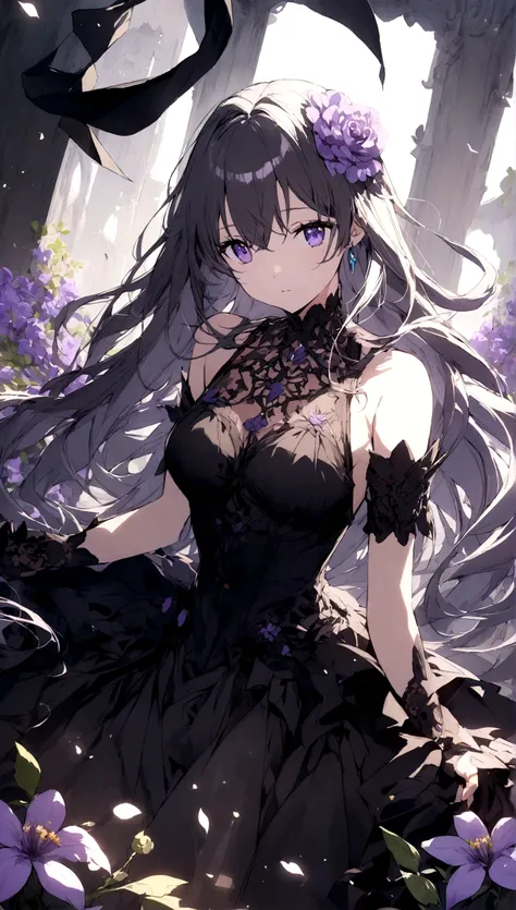 A beautiful anime girl with long hair and purple flowers、A beautiful immoral girl in a black dress。