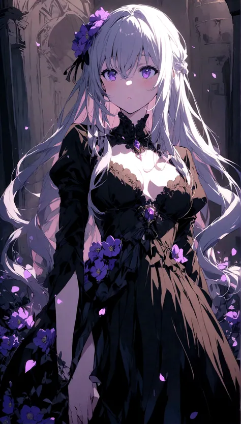 A beautiful anime girl with long hair and purple flowers、A beautiful immoral girl in a black dress。