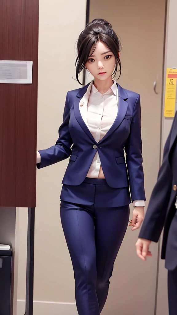 woman、Hair tied up、Angry、Wearing a suit、Background is an office room