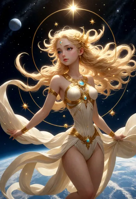 (masterpiece、highest quality、High resolution、8k)、Alone in space、Greek Goddess、Standing posture、whole body、Super beautiful、(Floating in the sky like a star、Floating、Floating)、金色の光がwhole bodyを包んでいる、whole bodyが光の中にある、