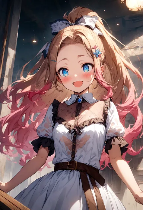 ponytail、Glossy blonde、Three flower-shaped hairpins on the left sideburn、blue eyes、Droopy eyes、Shining Eyes、smile、Open your mouth、Wearing a dress、A thick brown belt under the chest、masterpiece, highest quality, Official Art, Very detailed, Absurd, 8K resol...