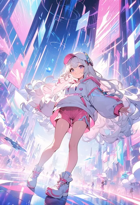 cute anime girl riding a colorful skateboard through a vibrant, futuristic digital landscape, long white hair with pastel pink highlights, wearing a cool white cap that emits glowing white particles, a colorful hoodie, pink shorts, and white sneakers, pink...