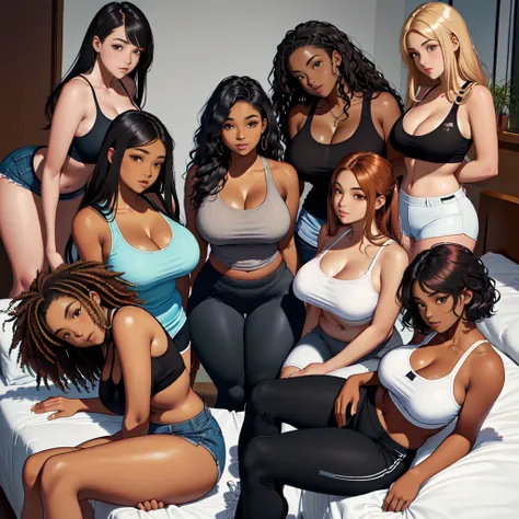 (A single black man laying on his back, in-bed wearing shorts, in-center of composition) A diverse group of five young adult Americans, representing different ethnicities and characteristics, wearing yoga-pants and tank-tops, displays their unique beauty w...