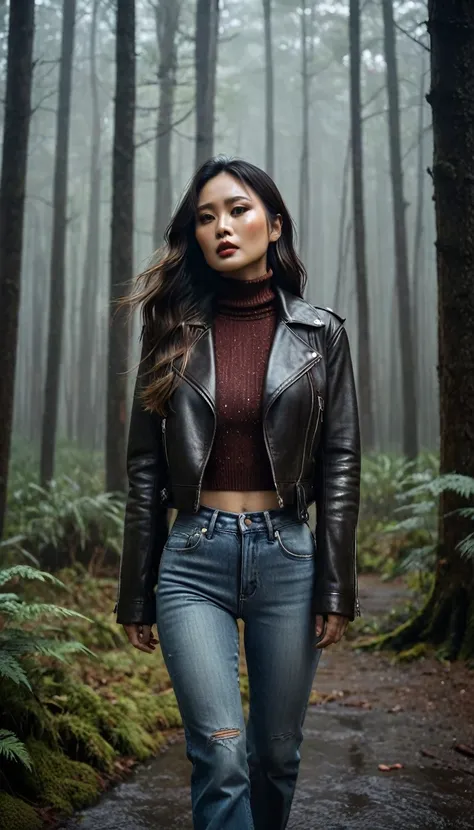 8k, ultra-detailed, grainy film photo, masterpiece,muted colors, muffled light, dusk, rainy, moody, noir, woman in forest, elegant, elegant pose, orgasm, light turtleneck sweater, messy jeans, flared jeans, faded leather biker jacket, beautiful long brunet...