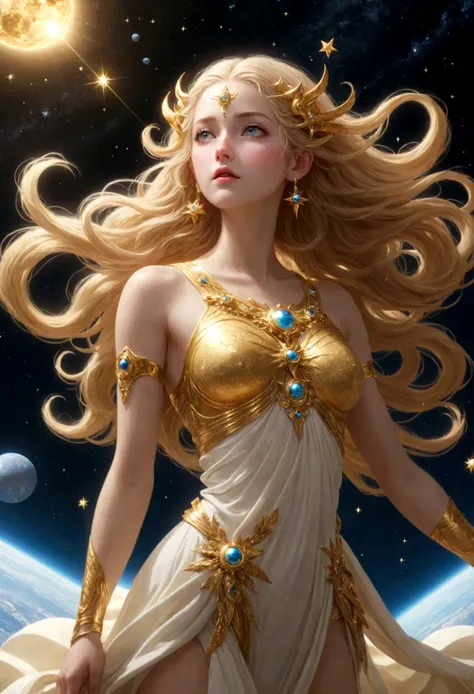 (masterpiece、highest quality、High resolution、8k)、Alone in space、Greek Goddess、Standing posture、whole body、Super beautiful、(Floating in the sky like a star、Floating、Floating)、金色の光がwhole bodyを包んでいる、whole bodyが光の中にある、