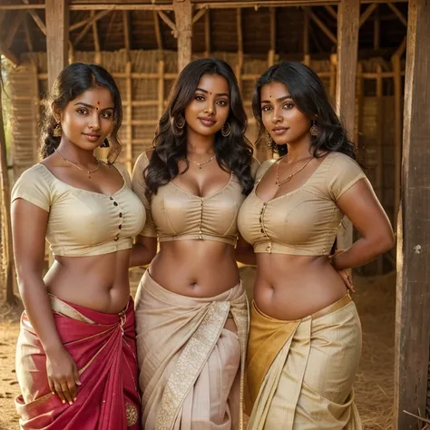 3girls, realistic photograph of three young rustic Tamil village belle dressed in an ((unhooked blouse and Indian skirt)) standing inside a farm in rural India, fair skin, curvy and toned body, tall, big , hourglass figure, big ass, seductive, detailed cut...