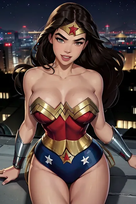 Natural Beauty, Masterpiece, Hailee Steinfeld, Perfectly Accurate Face Proportion, Thick Eyebrows, Wonder Woman, Wonder Woman Tiara, Big Breast, Curve Wide Hips, Toned Thighs, Toned Arms, Sheild in her hand, landing on a rooftop looking over the night city...