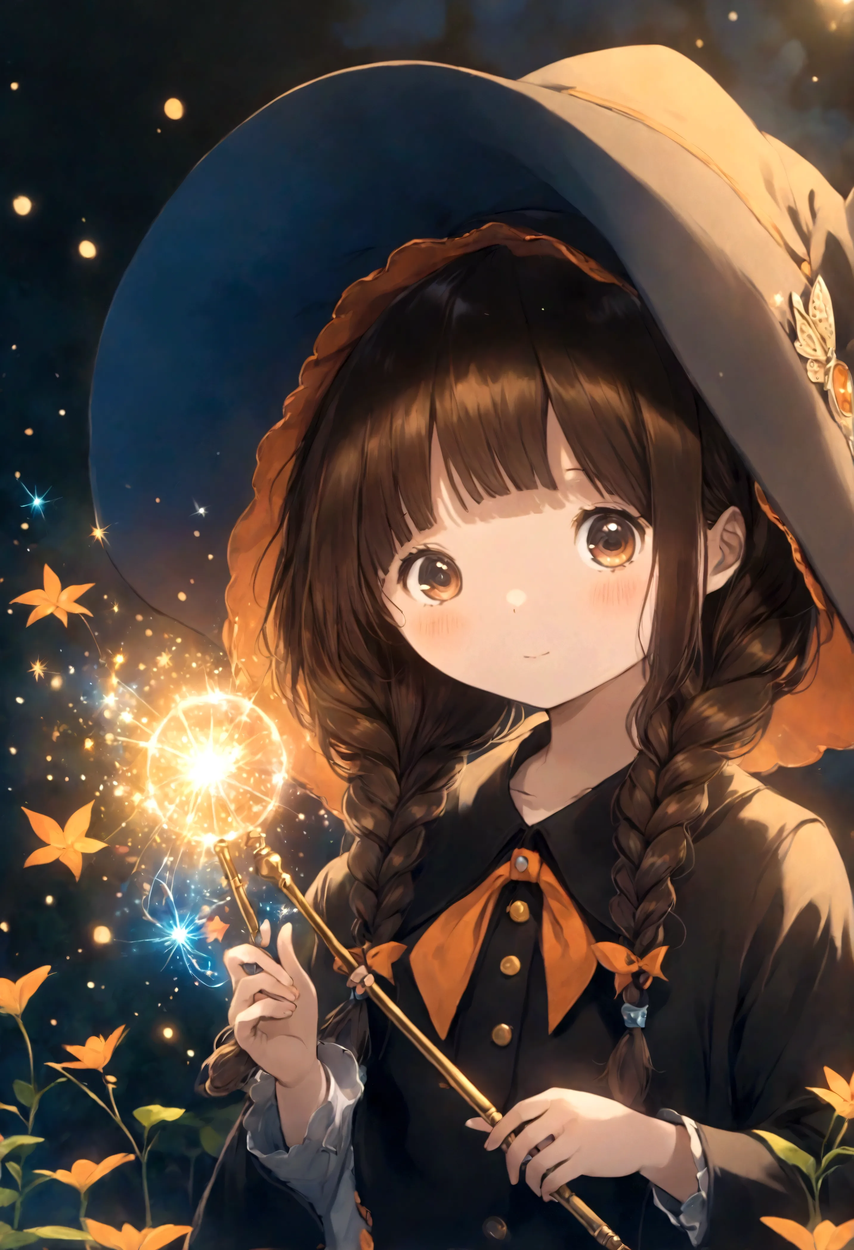 with red twin braids、, cute anime style hagrid, a young witch, anime cute art style, marisa kirisame, witch girl, anime characte...