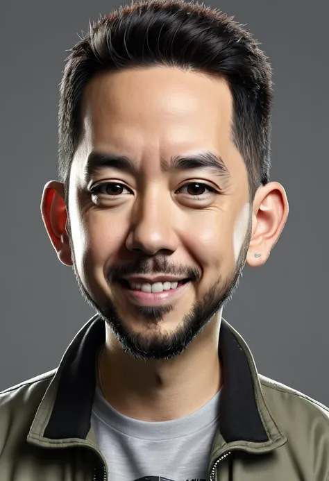 make a caricature image, mike shinoda, gray background, with sufficient lighting, caricature, 3D, 8D image quality