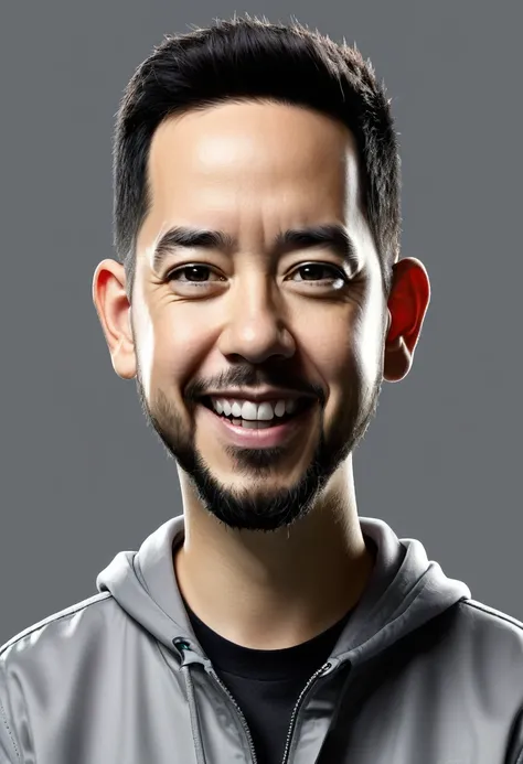 make a caricature image, mike shinoda, gray background, with sufficient lighting, caricature, 3D, 8D image quality