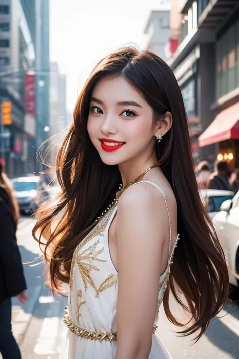 A photographic masterpiece of an Asian girl about 18-20 years old with pure, fairy-like beauty, a radiant smile showing off her bright, white teeth adorned with hot red lipstick and a bit of shimmering lip gloss. , blue eyes captivate like a fairy. Modern ...