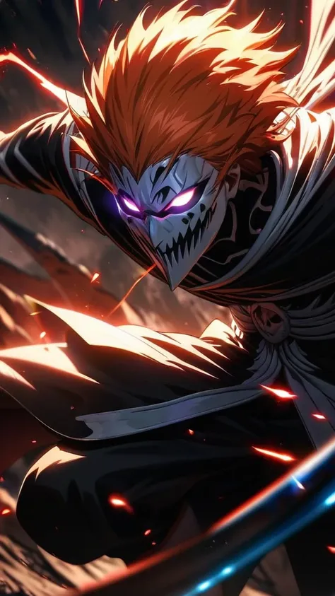 absurdres, highres, ultra detailed, HDR, masterpiece, extremely detailed face and eyes,Vasto Lorde Hollow ichigo, Long orange Hair, bleach, hollow mask, solo, man, handsome, ,, , Epic fight scene, red and black lightning effect, glowing glitters