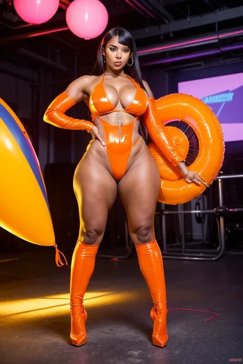 Objective: A photo shoot showcasing a stunning characters fusion, captured in a neon orange, futuristic balloon factory setting.

Attire: The characters don extravagant, oversized attire with translucent and lime inflatable parts, featuring big puffy sleev...