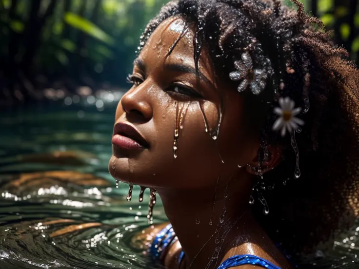 portrait close-up of a face of a brazilian woman, 38 years old. sunburnt ebony skin, (Wet and dripping hair, curly hair), wavy at the height of the back, jade eyes, fluffy turned, ((big cheeks)), bathing in the natural, in a deep river and transparent wate...