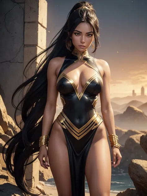 1 beautiful woman, tanned skin, long dark hair, ponytail, golden eyes, ((detailed eyes:1.2)), medium breasts, wearing sexy black and gold superheroine costume, nude top half, elegant, sensual, (masterpiece, top quality, best quality, official art, beautifu...