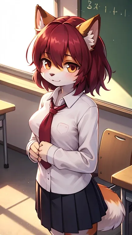 best quality, best resolution, (fluffy anthro furry), calico cat girl, maroon hair, short wavy hair, [[make the fur surrounding her right eye brown]], medium breast, tomboy manner, light and shadow, (long sleeve school uniform), standing, classroom