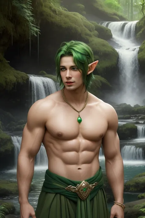 best quality,masterpiece,Ultra high detail,A handsome muscular fractal green hair elf druid prince, Short green hair,topless,),(wearing green wardrobe with jewelry ),realistic, waterfalls background, light environment 