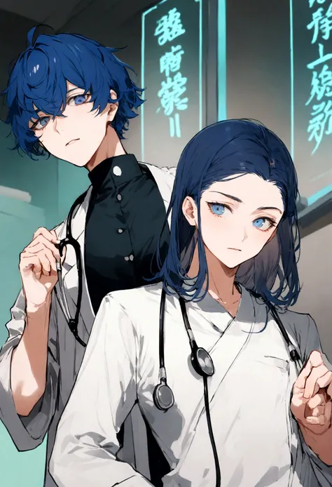 short blue hair male, dark blue eyes, doctors outfit, stethoscope, oriental medicine hospital, cool