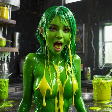 Slime, (monster girl), green slime with darker green, dripping with yellow ooze, clothed, masterpiece, best quality