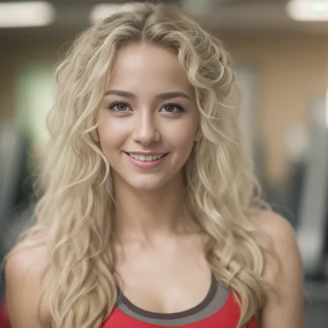 masterpiece, full body shot of a beautiful young woman, 25years old ,  white blonde long curly hair, at the gym,   wearing red s...