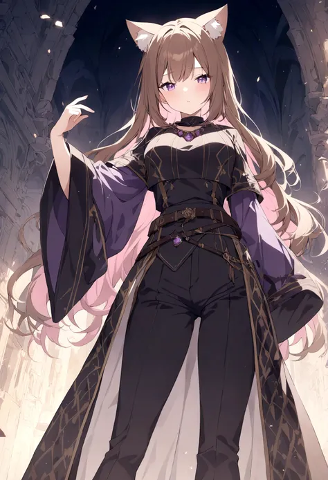 (1girl, Masterpiece, best quality) A young adult female character with long, brown hair featuring lighter streaks, styled in loose waves. She has striking purple eyes and a confident, slightly defiant expression. She has distinctive cat-like ears, brown wi...