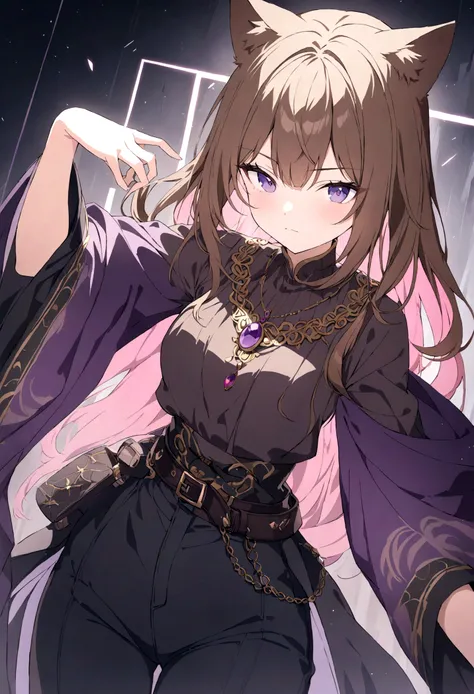 (1girl, Masterpiece, best quality) A young adult female character with long, brown hair featuring lighter streaks, styled in loose waves. She has striking purple eyes and a confident, slightly defiant expression. She has distinctive cat-like ears, brown wi...