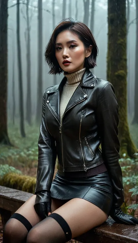 8k, ultra-detailed, grainy film photo, masterpiece,muted colors, muffled light, dusk, rainy, moody, noir, woman in forest, elegant sitting, elegant pose, vulnerability, short stockings, light turtleneck sweater, pencil skirt, faded detailed biker leather j...