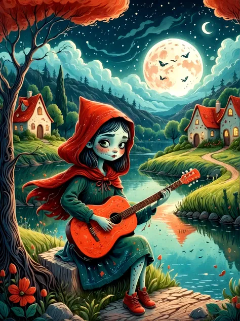 Cartoon hand drawn, 1girl, solo, Cute young charming little red riding hood girl，Strong zombie makeup, Playing an old guitar，the guitar player，Ghost Viewer，A dilapidated village by the lake, a dark forest and a vineyard，Starry nights，Gloomy and foggy atmos...