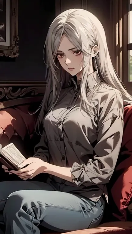 a photorealistic, masterpiece portrait of a mature, beautiful 1 woman with long silver hair, red-brown eyes, wearing a shirt and skinny pants, sitting on a sofa and holding a book, intricate details, calm and serene atmosphere, 24th generation