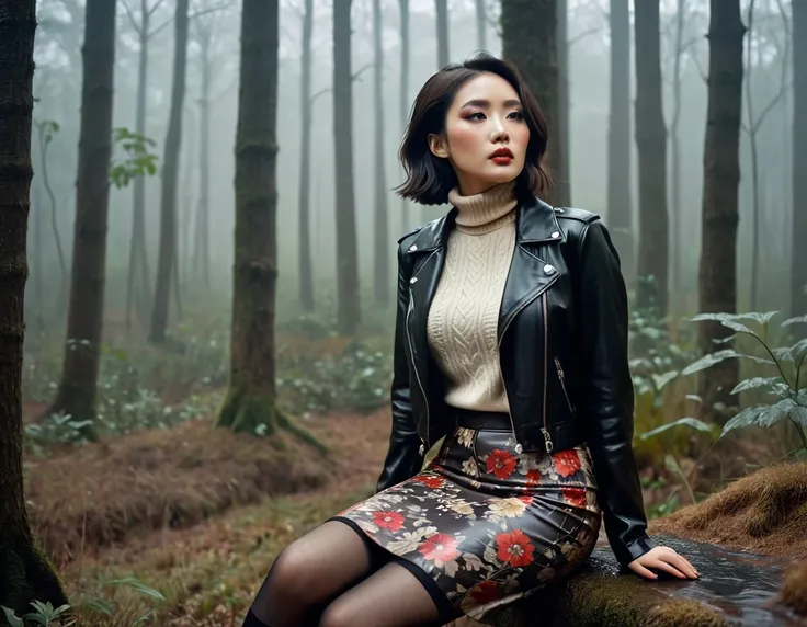 8k, ultra-detailed, grainy film photo, floral patterns in outfit, masterpiece,muted colors, muffled light, dusk, rainy, moody, noir, woman in forest, elegant sitting, elegant pose, vulnerability, nylon stockings, light turtleneck sweater, pencil skirt, fad...