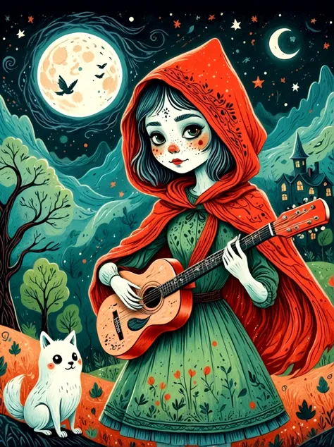 cartoon hand drawn, 1girl, solo, cute young charming little red riding hood girl，strong zombie makeup, playing an old guitar，the...