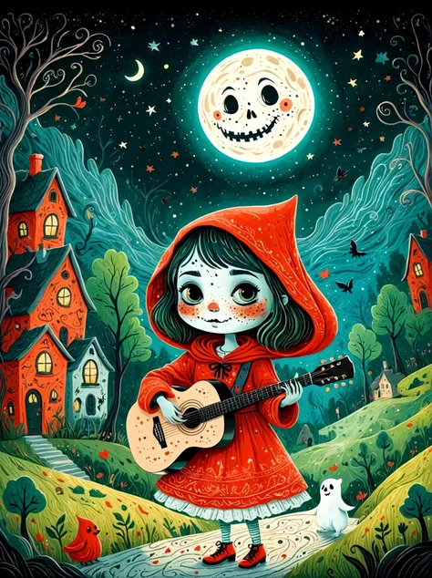 cartoon hand drawn, 1girl, solo, cute young charming little red riding hood girl，strong zombie makeup, playing an old guitar，the...