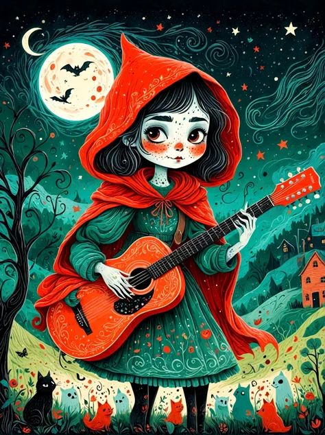 cartoon hand drawn, 1girl, solo, cute young charming little red riding hood girl，strong zombie makeup, playing an old guitar，the...