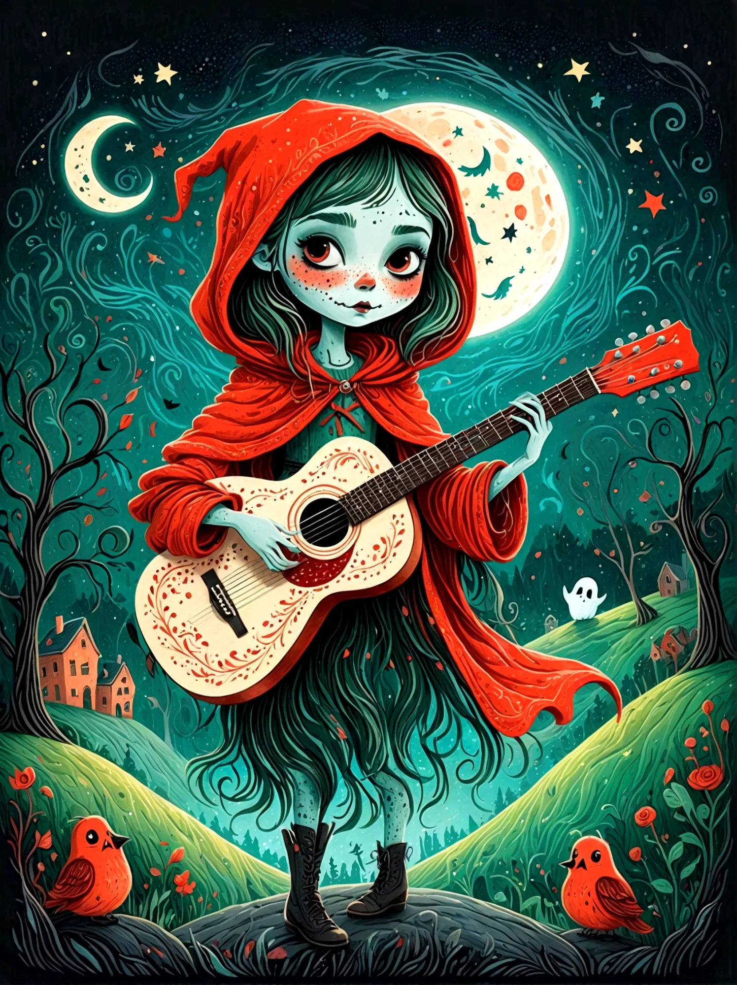 cartoon hand drawn, 1girl, solo, cute young charming little red riding hood girl，strong zombie makeup, playing an old guitar，the...