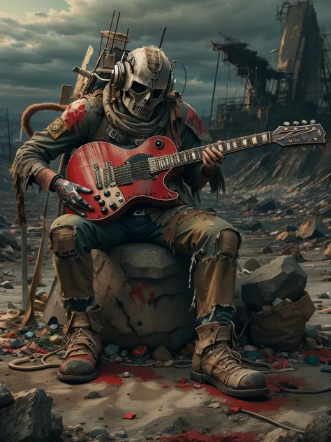 wasteland，(a very poor old mech sitting on a rock playing guitar:1.3)，(the guitar player)，(sitting:1.2)，rust，wearing tattered ar...