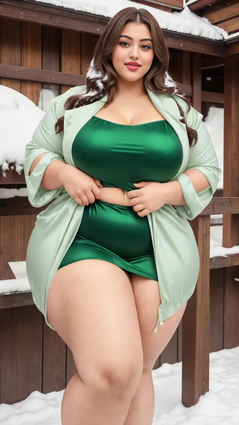 Madhubala an Indian sexy curvy plus size body beautiful actress in a sexy and short green satin dress and red lipstick posing for a picture in a snowy mountain lodge for photoshoot, camera front facing, smilling face, head to toe view, full body shot, hour...