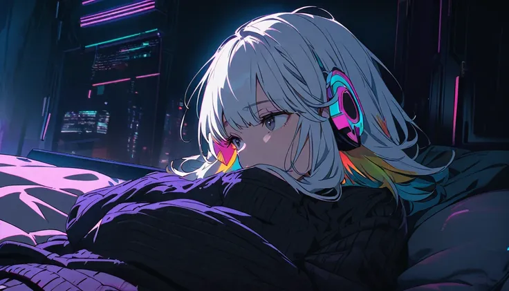 Handsome cute, Solitary, 1 female, Medium Length Hair, white hair, Rainbow hair, sleepy Eyes, Rainbow headphone, knit dress, Futuristic, Cyberpunk, Cybernetics panoramic, in the night, looking away, lie face down, bed