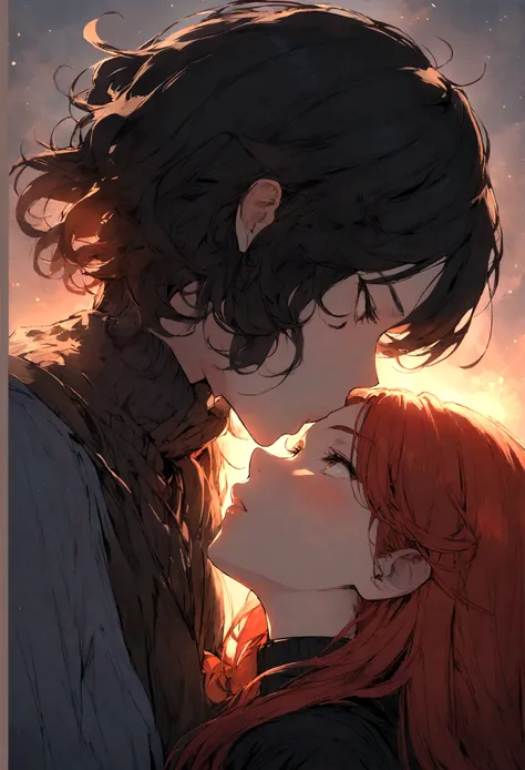 a redhaired woman kissing a black-haired man