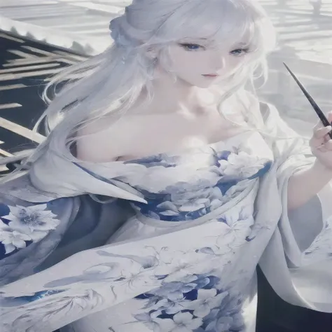 anime white hair girl and blue dress holding a pair of scissors, White-haired deity, Beautiful anime woman, Beautiful anime girl, Beautiful charming anime woman, anime goddess, Flowing white hair, white hair girl, palace ， Girl wearing Hanfu, Anime Wallpap...