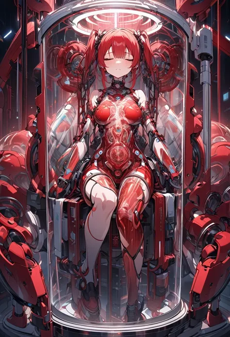 Intricate illustration in imaginative and cybertic surrealist art style，Translucent red twin tails Ether Machine Girl Surrounded by complicated medical equipment how it is being treated,shes a whole machine It is placed in a large transparent tank of cultu...