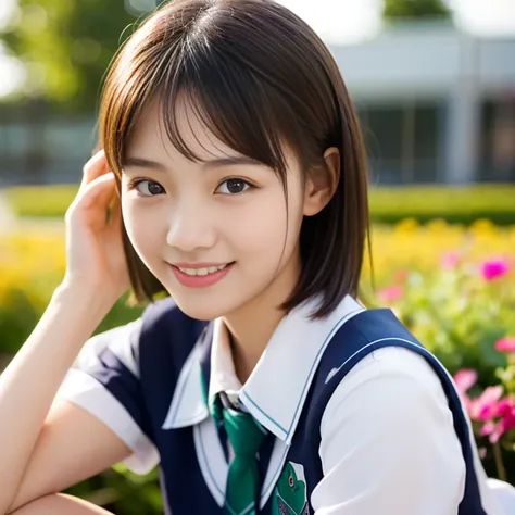 (((full bodyesbian)))、((Girls High School Uniforms))、((１a person))、ponytail、short-hair、Close to the subject、((a school flower beds)))、(((ssmile)))、(((Girls High School)))、((a beauty girl))、((natural pose))、Photorealsitic、Beautiful detailed eyes、Hyper-Reali...